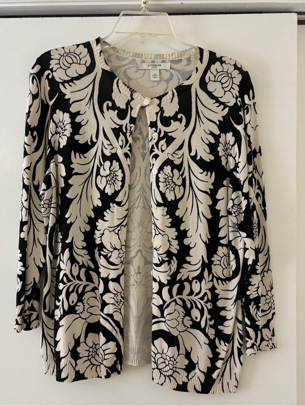 Liz Claiborne Black and Cream Floral Damask Cardigan XL